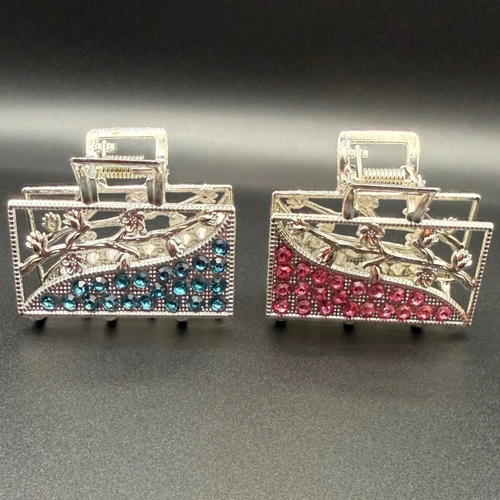 2pc Rhinestone Hair Claw Clips Floral Design Silver Tone Blue Pink